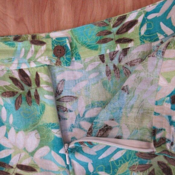 CHRISTOPHER & BANKS Linen Blend Midi Skirt Womens Size 14 Blue Green Leaf Print - Picture 10 of 12